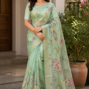 Mint Green Floral Organza Silk Saree with Elegant Digital Print