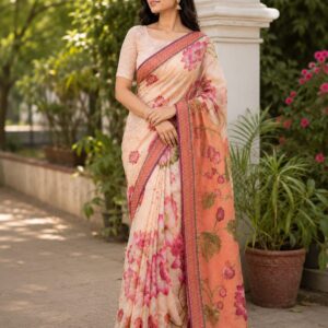 Elegant Peach Floral Printed Linen Silk Saree with Designer Border