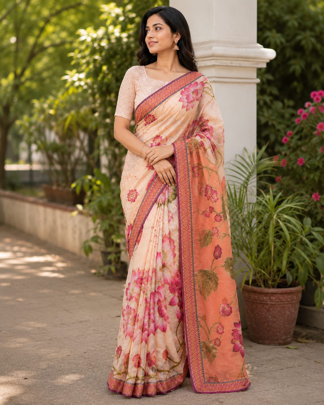 Elegant Peach Floral Printed Linen Silk Saree with Designer Border