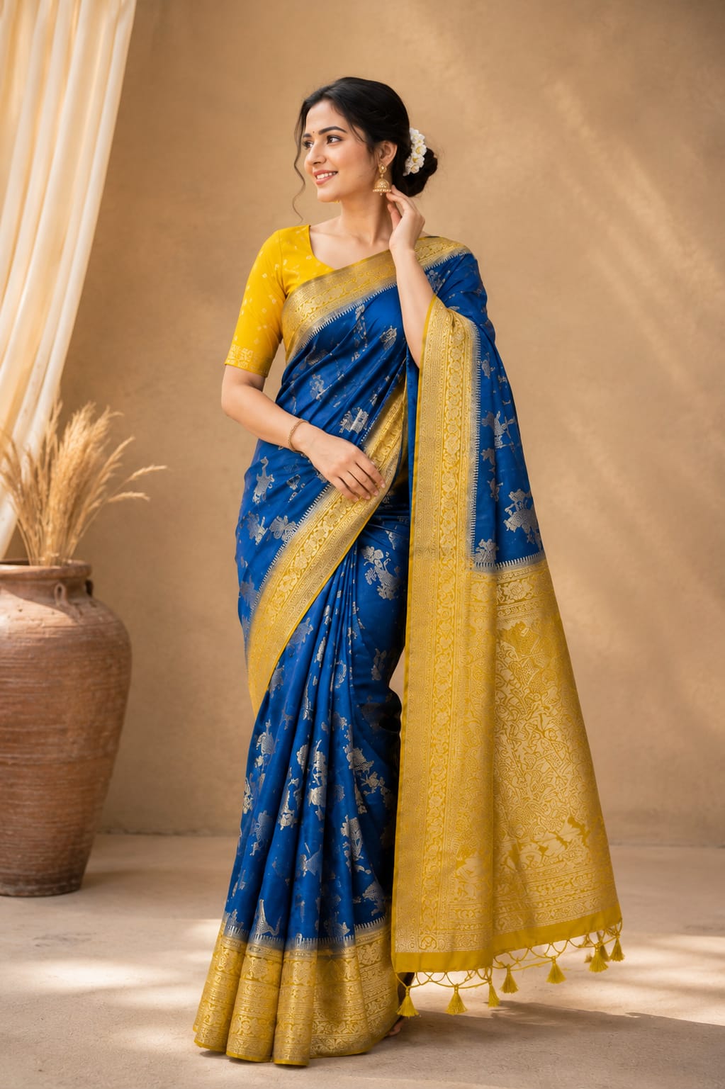 Royal Blue Kanchipuram Silk Saree with Zari Woven Golden Border