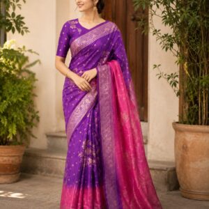 Royal Purple Banarasi Silk Saree with Pink Ombre Pallu & Rich Zari Weaving