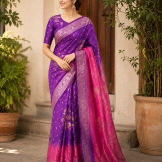 Royal Purple Banarasi Silk Saree with Pink Ombre Pallu & Rich Zari Weaving