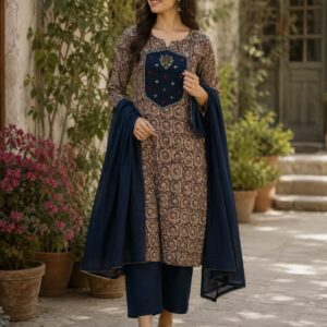 Elegant Navy Blue Printed Cotton Kurta Set with Dupatta