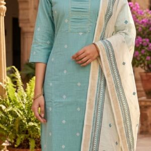 Sky Blue Cotton Kurti Set with Printed Dupatta
