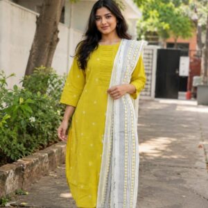 Mustard Yellow Cotton Kurti Set with Printed White Dupatta