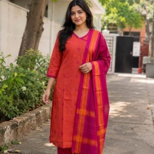 Women's Orange & Pink Cotton Kurti Set with Dupatta